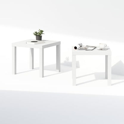 Furinno Classic Set of 2 Modern Coffee Table, Printer Stand, White | 1.8" Triple Thick Square Tabletop, Side Table with 4 Legs, for Living Room, Bedroom, Home Office - color: White, size: Set of 2, Square