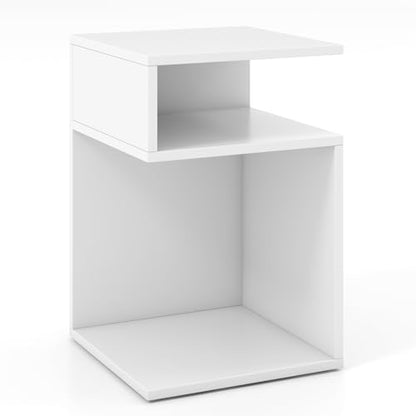 Giantex 3-Tier Side Table, S-Shaped End Table with 2 Open Storage Compartments, Wood Narrow Bedside Table, Modern Nightstand for Bedroom, Living Room, Small Spaces, Easy Assembly, White