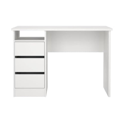 Pemberly Row Writing Desk, 43.31 in H x 19.09 in D x 29.92 in H, Engineered Wood, White Paper Foil Finish, 3 Smooth-Glide Storage Drawers, Open Shelf, Compact Home Office or Dorm Study Desk