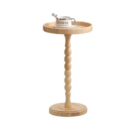 Small Side Table，Rattan Round Drink Tables for Small Spaces, Boho Circle Accent Table Coffee Table with Solid Wood Leg for Living Room, Pedestal Table for Bedroom, Corners - size: High: 21.4", style: Boho side table B