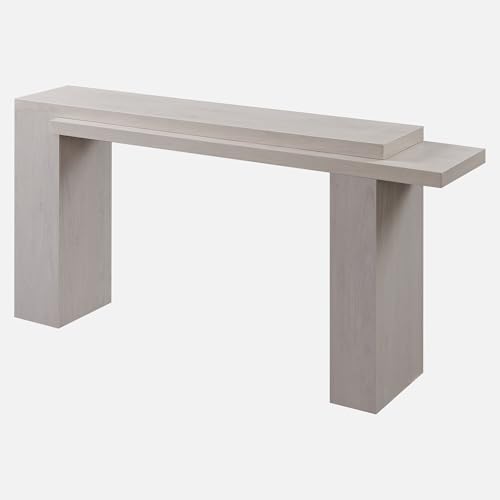 OKD 63" Modern Geometric Console Table with Layered Top, White Alder | Extended Layered Top, Sturdy Support Legs, Entryway, Hallway, Foyer, Living room, Behind Sofa - color: White Alder