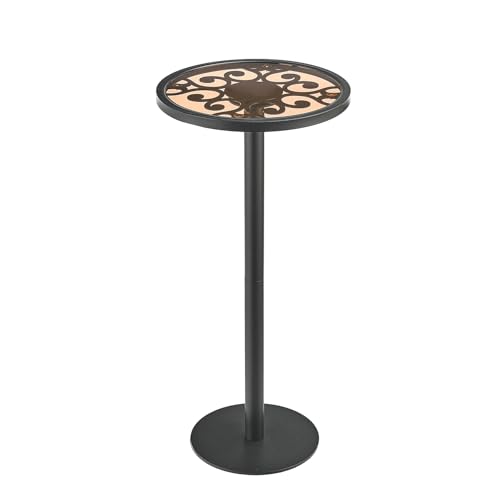 Black Drink Table, Indoor Outdoor Small Round Side Table with Tempered Glass & Vintage Scroll Design, 24.7" Pedestal End Table for Living Room, Patio, Balcony, Industrial Modern Accent Table - color: Black