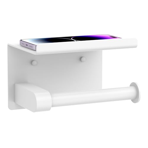 Bntuk Toilet Paper Holder with Shelf, Self-Adhesive or Screw Wall Mount Toilet Paper Holder with Wipes Storage, Rustproof Stainless Steel Tissue Roll Holder for Bathroom Washroom (White) - color: White