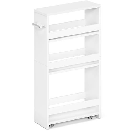 MARTY White Slim Storage Cart with Wheels, 4 Tier Rolling Utility Cart with Handle Slide Out Shelving Unit Organizer Trolley for Laundry Kitchen Bathroom Narrow Places Small Corner - color: All White, size: 5.51"D x 15.75"W x 31.5"H