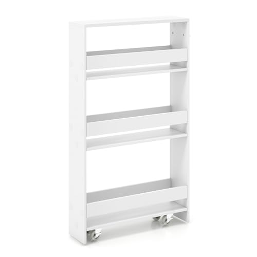 Slim Rolling Storage Cart, 4-Tier Kitchen Utility Carts on Wheels, Wood Shelving Unit Organizer Trolley with Handle, 5” Width Narrow Cart for Small Spaces, Laundry, Bathroom (White)