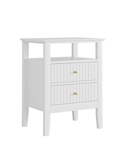 Fluted Nightstand, Farmhouse Night Stand with 2 Drawers, Mid Century Modern Side Accent Table,Bedside End Table for Bedroom, Living Room, White - color: White, size: 2 Drawers