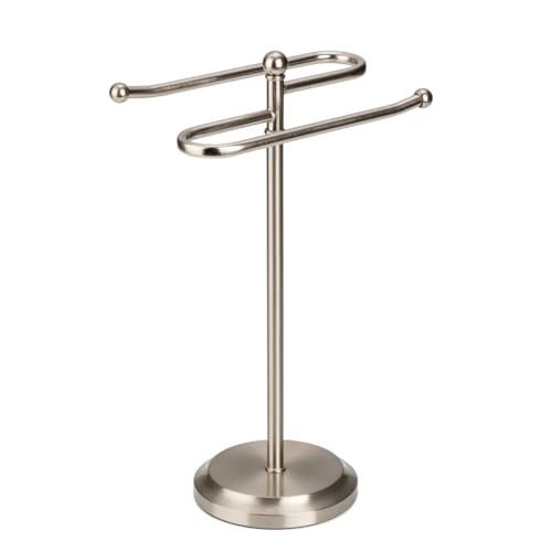 J&V TEXTILES Classical Steel Towel Rack Holder Stand with 2 Hanging Rings for Bathroom Vanity Countertops - Space Saving Hand Towel Holder (Brushed Satin Nickel) - color: Brushed Satin Nickel
