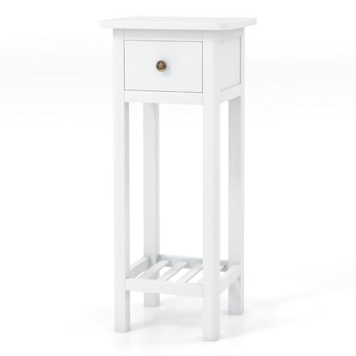 Giantex Narrow End Table with Drawer, Tall Acacia Wood Side Table with Bottom Shelf, Modern Bedside Tables, 2-Tier Nightstand for Small Spaces Bedroom Living Room, No Assemble Required, White - color: White