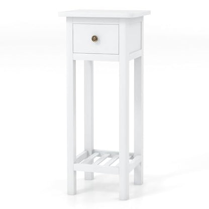 Giantex Narrow End Table with Drawer, Tall Acacia Wood Side Table with Bottom Shelf, Modern Bedside Tables, 2-Tier Nightstand for Small Spaces Bedroom Living Room, No Assemble Required, White - color: White