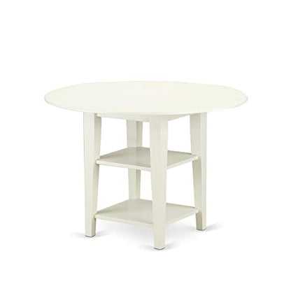 East West Furniture SUWE5-LWH-W 5 Piece Dining Set Includes a Round Dining Room Table with Dropleaf & Shelves and 4 Kitchen Chairs, 42x42 Inch, Linen White - style: SUWE5-LWH-W