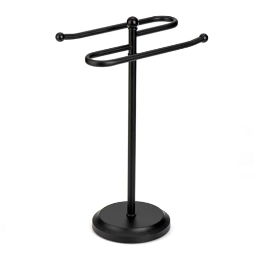 J&V TEXTILES Classical Steel Towel Rack Holder Stand with 2 Hanging Rings for Bathroom Vanity Countertops - Space Saving Hand Towel Holder (Matte Black) - color: Matte Black