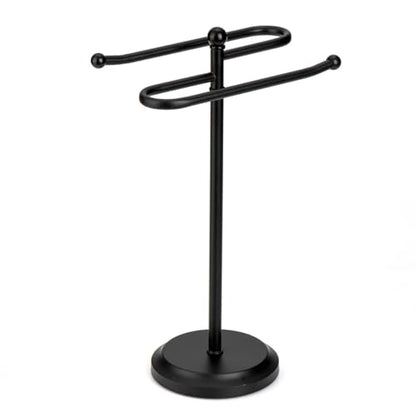 J&V TEXTILES Classical Steel Towel Rack Holder Stand with 2 Hanging Rings for Bathroom Vanity Countertops - Space Saving Hand Towel Holder (Matte Black) - color: Matte Black