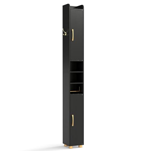 Tangkula Narrow Bathroom Cabinet, 69.5” Tall Storage with 2 Doors & Adjustable Shelves, Toilet Paper Rod & Side Hook, Anti-toppling Design, Slim Floor Cabinet for Small Spaces (Black, 1 Pack) - color: Black, size: 1 Pack
