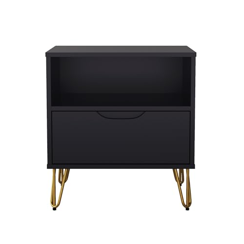 Manhattan Comfort Avira 20 Inch Nightstand with Drawer and Shelf, Mid Century Modern Bedroom Stand with Storage, Compact Side End Table with Metal Legs, Black - color: Black
