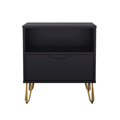 Manhattan Comfort Avira 20 Inch Nightstand with Drawer and Shelf, Mid Century Modern Bedroom Stand with Storage, Compact Side End Table with Metal Legs, Black - color: Black