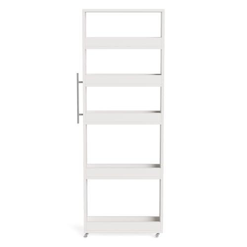 LITTLE TREE 63-Inch Slim Storage Cart on Wheels, 5-Tier Tall Narrow Mobile Shelf Organizer, Rolling Utility Cart with Metal Handle for Kitchen, Dining Room, Small Spaces, White