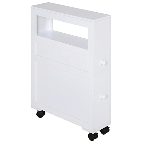 HOMCOM 6.25" x 20.5" x 28.25" Wood Rolling Narrow Bathroom Side Storage Cabinet - White - color: White