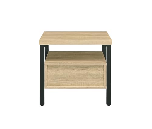 Industrial Bedside Table: 1 Drawer & Open Shelf Nightstand - Oak & Black Metal Frame for Loft Style Bedroom & Studio Use