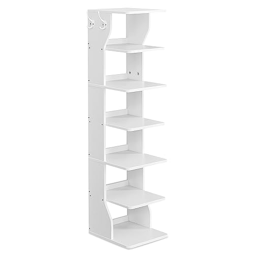VASAGLE 7-Tier Vertical Shoe Rack, Narrow Shoe Storage Organizer with Hooks, Slim Corner Tower Shelf, Space-Saving for Entryway and Bedroom, White ULBS200T14 - color: White, size: 7 Tiers