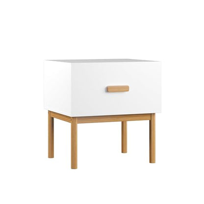 Modern Minimalist White Nightstand with Solid Pine Wood Legs & Spacious Drawer - Versatile Bedside Table for Bedroom, Living Room, or Small Apartment