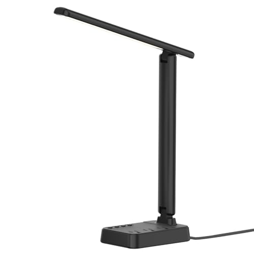 LED Desk Lamp with Power Strip, 3 AC Outlets & 4 USB Ports (2 USB-C), Stepless Dimming & 2800K-6500K Eye-Caring Desk Light, Foldable Table Lamp with 10FT Cord for Home Office, Dorm Room Essentials - color: Dark Black,10FT
