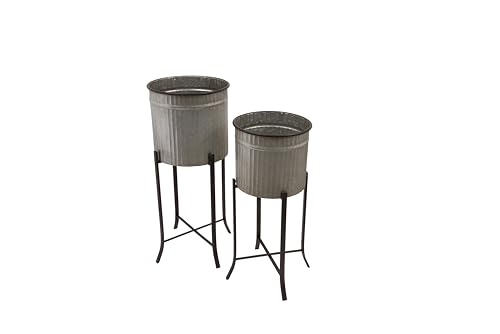 Creative Co-Op Set of 2 Iron Planters on Stands - color: Silver and Black, size: 13.5" diameter x 31" H