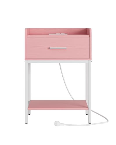 Nightstand with Charging Station,3-Tier Modern Bedside Table Night Stand with Storage Drawer and Open Shelf,Small End Side Table for Bedroom,Living Room,Pink - color: Pink With Charging Station