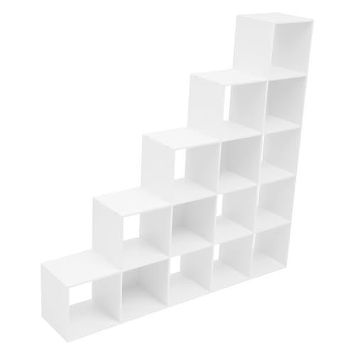5-Tier Stepped Bookshelf, 15 Cube Storage Organizer Floor Standing Storage Shelf Modern Open Bookshelf for Home and Office (White) - size: 15 Cube L-Shaped