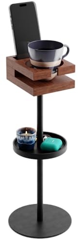 Drink Table for Small Spaces - Slim Pedestal Side Table with Real Wood Top & Stable Base for Coffee & Cocktails - Ideal for Tight Living Room & Bedroom Spaces (Sapele) - color: Sapele