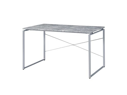 Writing Desk with Faux Concrete Top and Silver Metal Base | Faux concrete top, silver metal sled base, wood veneer, 45 L x 22 D x 26 H leg space, 70 lb weight limit