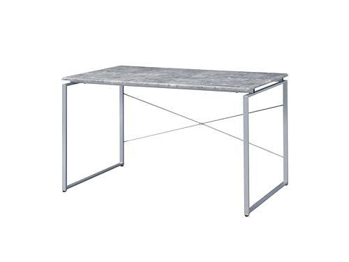 Writing Desk with Faux Concrete Top and Silver Metal Base | Faux concrete top, silver metal sled base, wood veneer, 45 L x 22 D x 26 H leg space, 70 lb weight limit