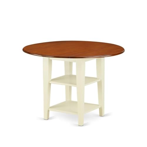 East West Furniture SUWE3-BMK-W 3 Piece Kitchen Table & Chairs Set Contains a Round Dining Table with Dropleaf & Shelves and 2 Dining Room Chairs, 42x42 Inch, Buttermilk & Cherry - style: SUWE3-BMK-W