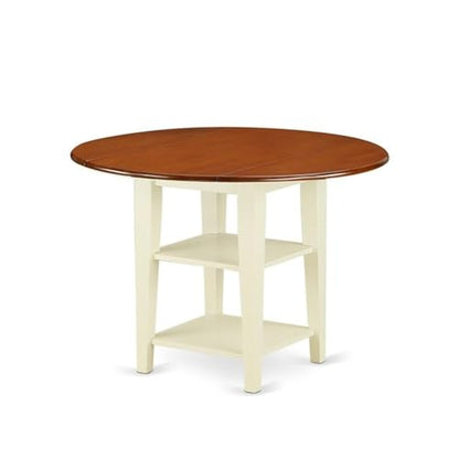 East West Furniture SUWE3-BMK-W 3 Piece Kitchen Table & Chairs Set Contains a Round Dining Table with Dropleaf & Shelves and 2 Dining Room Chairs, 42x42 Inch, Buttermilk & Cherry - style: SUWE3-BMK-W