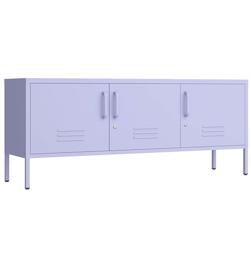 3 Door Lockable Metal TV Stand Storage Cabinet with Accent Cabinet Locker, Wide Heavy Duty Media Console for Large 100+ Inch TVs, Home Office Entertainment Center, Purple 22"H X 47.3"W X 13.8"D - color: Lilac, style: TV stand-22"H-LM