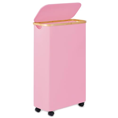 Slim Laundry Basket with Wheels,Narrow Hampers for Laundry,Freestanding Laundry Hamper with Lid&Bamboo Handles,Collapsible & Waterproof Tall Cloth Hamper for Dorm Family(60L Pink) - color: Pink, size: 60L with Wheels