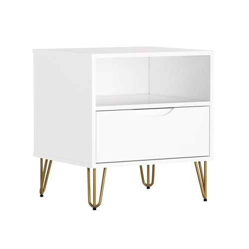 Manhattan Comfort Avira 20 Inch Nightstand with Drawer and Shelf, Mid Century Modern Bedroom Stand with Storage, Compact Side End Table with Metal Legs, White - color: White
