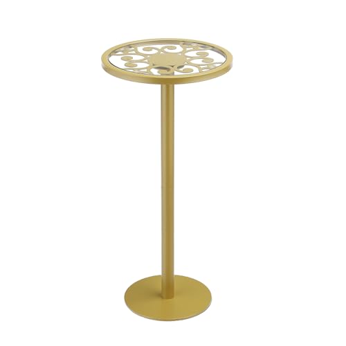 Gold Drink Table, Indoor Outdoor Small Round Side Table with Tempered Glass Top & Scroll Design, 24.7" Metal Pedestal End Table for Living Room, Patio, Small Spaces, Weather Resistant - color: Gold