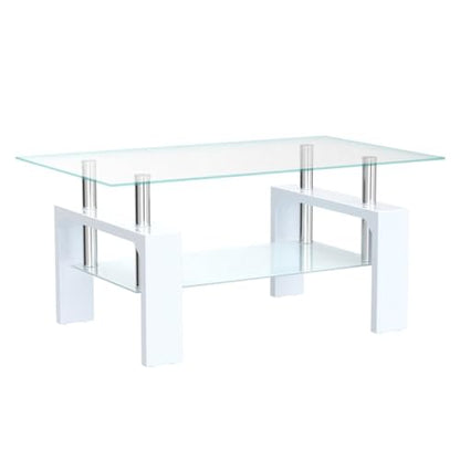 Living Room Rectangle Coffee Table, Tea Table Suitable for Waiting Room, Modern Side Coffee Table with Wooden Leg, Glass Tabletop with Lower Shelf, White 39.5 * 23.5 * 17.5 - color: White