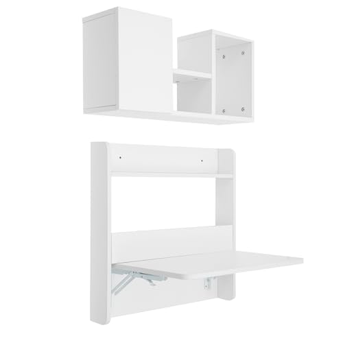 Wall Mounted Bookshelf with Moveable Cabinets, Multifunctional Folding Floating Desk, Fold Down Laptop Table with Storage Shelves for Bedroom Study Room Space Saving Small Space Garage (White) - color: White