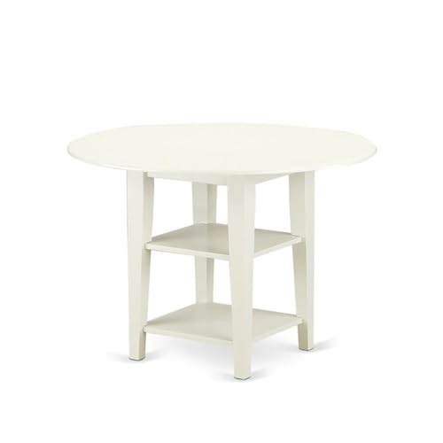 East West Furniture SUWE3-LWH-W 3 Piece Modern Dining Table Set Contains a Round Wooden Table with Dropleaf & Shelves and 2 Dining Room Chairs, 42x42 Inch, Linen White - style: SUWE3-LWH-W