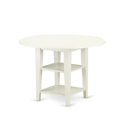 East West Furniture SUWE3-LWH-W 3 Piece Modern Dining Table Set Contains a Round Wooden Table with Dropleaf & Shelves and 2 Dining Room Chairs, 42x42 Inch, Linen White - style: SUWE3-LWH-W