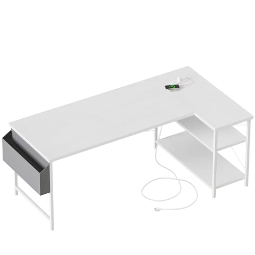 Mericonia Small L Shaped Computer Desk with Power Outlets, Reversible Gaming Desk with Storage Shelves, Corner Gamer Desk Table, Study Writing Table - color: White, size: 54 inch