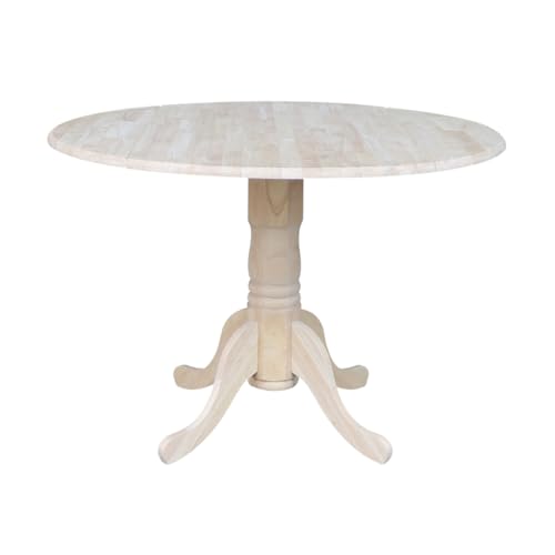 IC International Concepts, Round Dual Drop Leaf Pedestal Dining Table, Solid Real Wood, Sturdy Parawood, Dimensions 42"D x 42"W x 29.5"H, 40lbs Capacity, Paint/Stain Ready, Unfinished - color: Unfinished