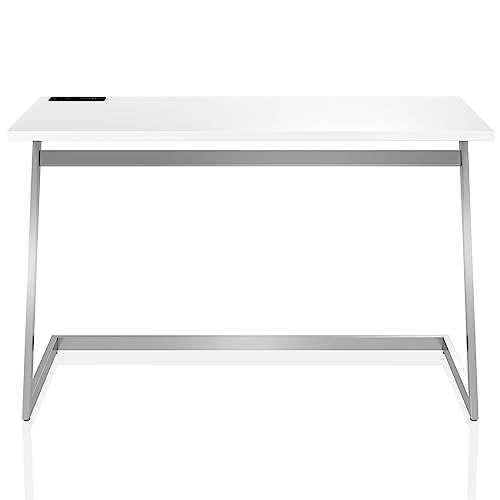 24/7 Shop at Home Andree Industrial Metal Writing Desk with USB Port, Power Outlet for Workstation, Home Office, Study Room, Gloss White and Chrome
