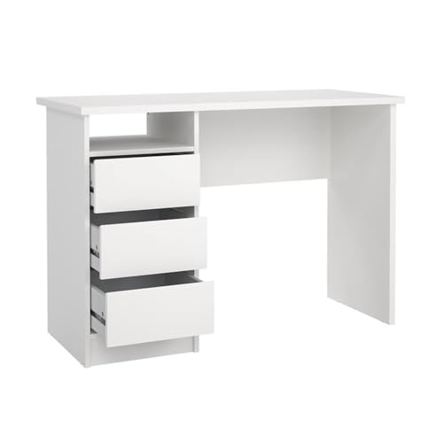 Pemberly Row Writing Desk, 43.31 in H x 19.09 in D x 29.92 in H, Engineered Wood, White Paper Foil Finish, 3 Smooth-Glide Storage Drawers, Open Shelf, Compact Home Office or Dorm Study Desk