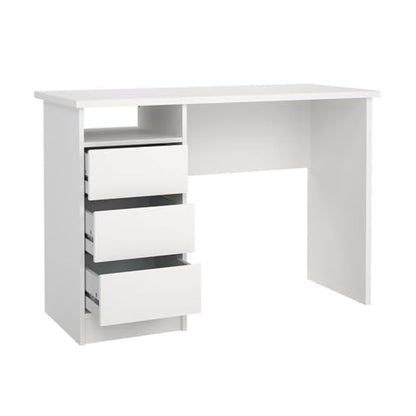 Pemberly Row Writing Desk, 43.31 in H x 19.09 in D x 29.92 in H, Engineered Wood, White Paper Foil Finish, 3 Smooth-Glide Storage Drawers, Open Shelf, Compact Home Office or Dorm Study Desk