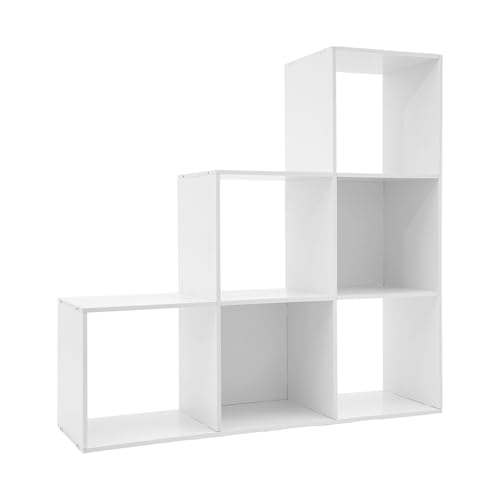 3-Tier Stepped Bookshelf, 6 Cube Storage Organizer Floor Standing Storage Shelf Modern Open Bookshelf for Home and Office (White) - size: 6 Cube L-Shaped
