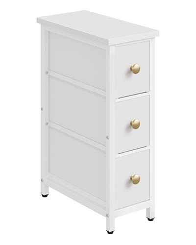 CHOEZON Narrow Side Table with 3 Fabric Drawers, Industrial Slim Bedside Table for Small Spaces, Bedroom, Living Room, Dormitory, White TBZ09WB - color: White