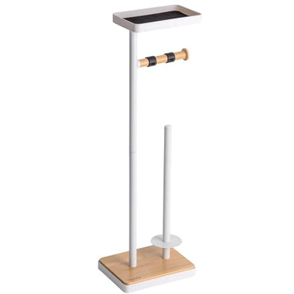 Clasin Home Toilet Paper Holder Stand, Free Standing Toilet Paper Holder with Storage and Top Shelf, White Toilet Paper Stand Weighted Base with Bamboo Design for Bathroom - color: White With Bamboo Base