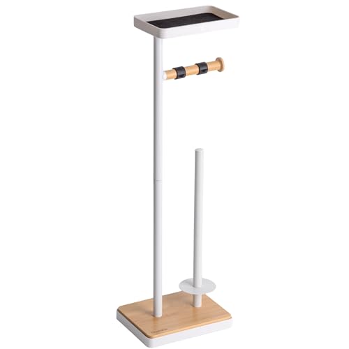 Clasin Home Toilet Paper Holder Stand, Free Standing Toilet Paper Holder with Storage and Top Shelf, White Toilet Paper Stand Weighted Base with Bamboo Design for Bathroom - color: White With Bamboo Base